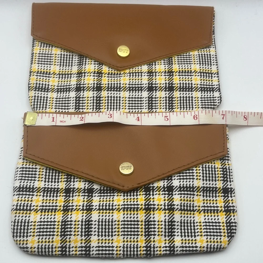 2 Ipsy Cosmetic Pouches in Brown and Yellow Plaid